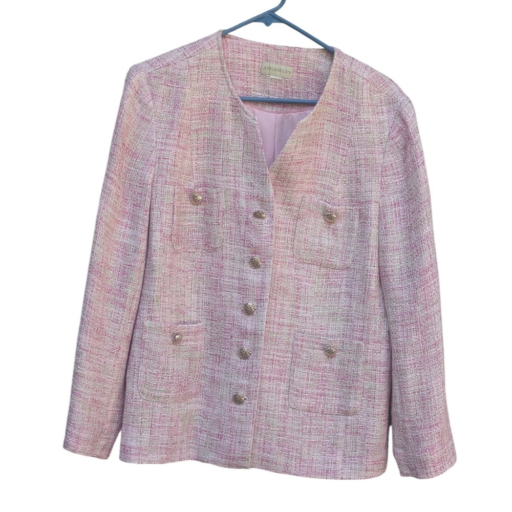 Appleseed's Pink Tweed Blazer Collarless Gold Button Boucle Jacket Women - Picture 2 of 4